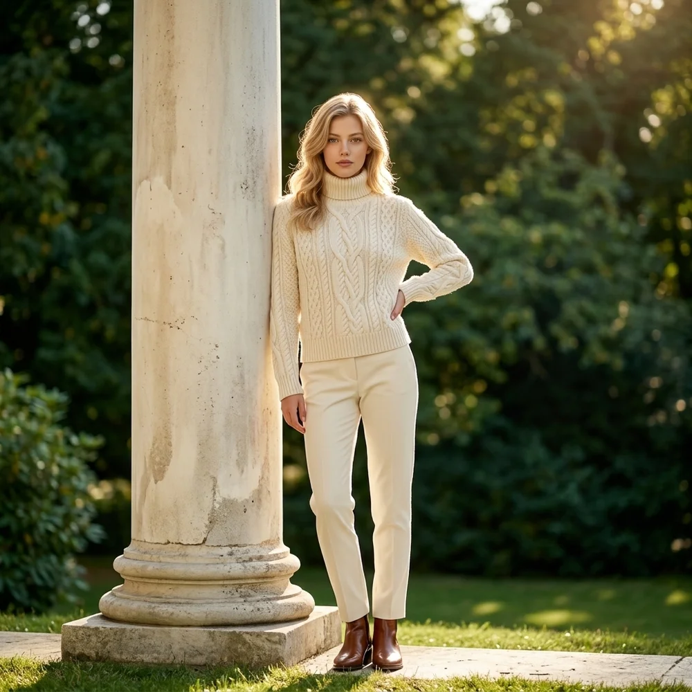 Vintage LAUREN Ralph Lauren Hand-Knit Wool Blend Cable Turtleneck - Cream - M - Picture 2 of 16